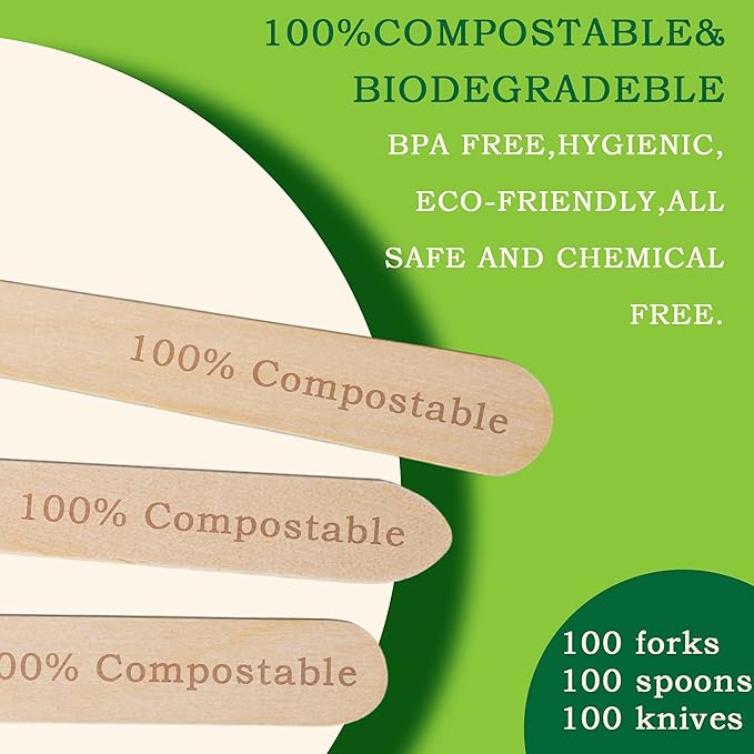 Disposable Wooden Forks -Pack of 100, 6.5" Length-Biodegradable, Natural Wooden Utensils, Great for Parties,Camping,Weddings&Dinner Events (Spoons)