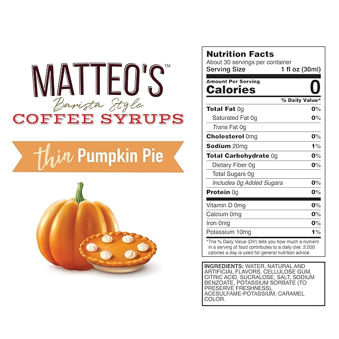 Matteo's Pumpkin Pie Syrup for Coffee, Lattes, Cappuccinos & Desserts – Sugar-Free Sweetener for Beverages, Keto Friendly, Zero Calories, Indulgent Flavor, Non-Alcoholic, 33.8oz (6pk)