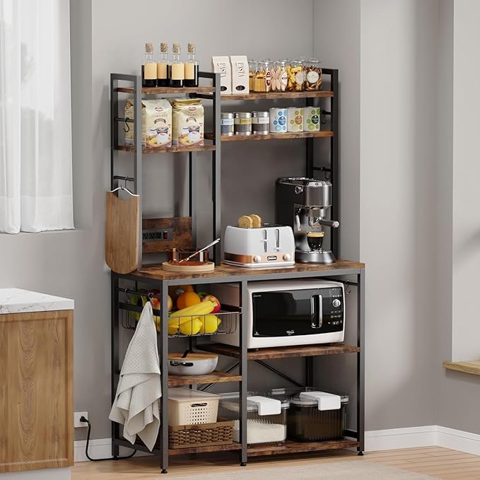 Luckyeestar Kitchen Bakers Rack with Power Outlet, 35.4" 6-Tier Microwave Stand, Coffee Bar with 12 S-Shaped Hooks, Adjustable Feet Pads&150lbs CapacityKitchen Shelf with Wire Basket, Rustic Brown