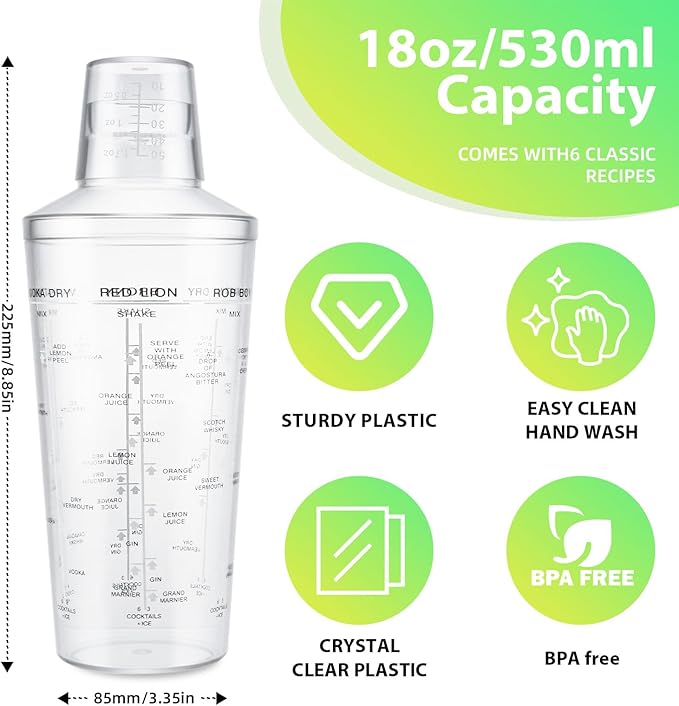 Plastic Boston Cocktail Shaker Set, 12 pack 18oz Shatterproof Bartender Kit with Built-in Strainer Lids, Travel Bar Tools for Beginners, Mixing Martinis, Margaritas (530ML, 12 pack)