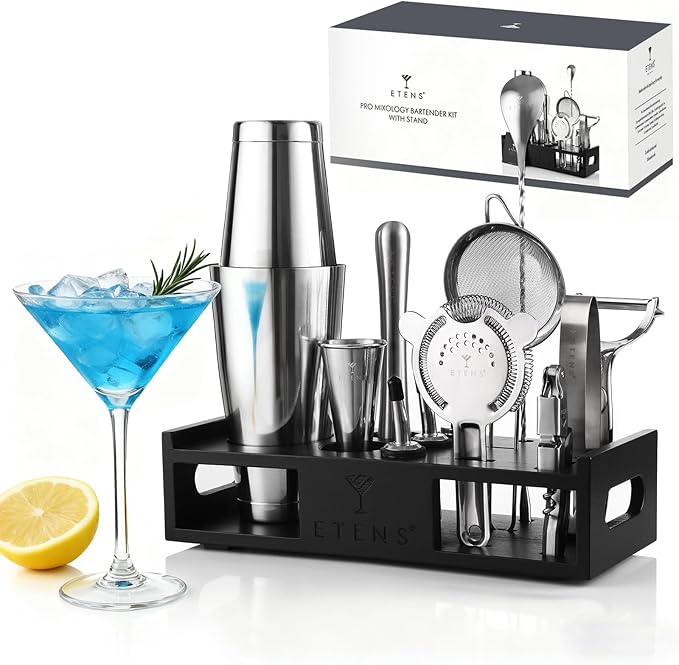 Cocktail Shaker Set Drink Mixer Bar Accessories – 15Pcs Mixology Bartender Kit Includes Boston Shaker, Japanese Jigger, Strainer, Bottle Opener, Cocktail Mixing Spoon – Handcrafted Wood Stand