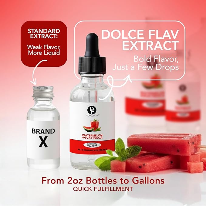 Dolce Flav Natural Watermelon Agua Fresca Extract, Water-Soluble – 2 oz | Fresh Juicy Watermelon Flavoring for Beverages, Desserts & Syrups – Sugar-Free, Kosher, Allergen-Free