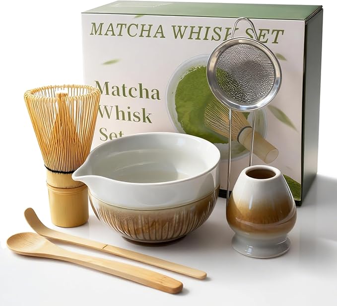 Matcha Whisk Set, Matcha Set, 6 Pieces, with Bamboo Whisk, Ceramic Bowl & Sifter Complete Matcha Powder Tea Includes Scoop & Spout Bowl, Traditional Japanese Tea Accessories for Home (set of 6 - B)