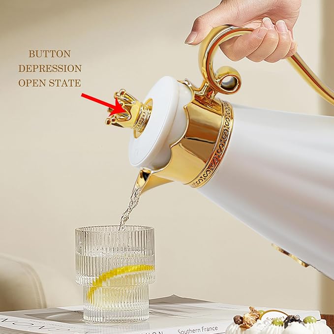 Luxury Arabic Style Insulated Thermal Coffee Carafe,34 oz,Coffee Pot,Arabian Style Vacuum Thermal Carafe Insulated Flask for Tea and Hot Cold Drink,Moving and housewarming blessings (White)