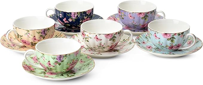 BTaT- Floral Tea Cups and Saucers Set of 6 (7 oz), Porcelain Tea Cups Set of 6, Modern Midnight Floral Design with Gold Trim, Dishwasher & Freezer Safe