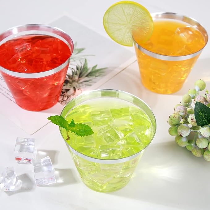 WELLIFE 200pcs Silver Cups, 9OZ Clear Plastic Cups,Plastic Wine Glasses Disposable,Cocktail Glasses for Party and Weddings