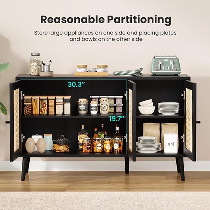 47.2" Buffet Cabinet with Storage Accent Sideboard, Modern Kitchen Cabinet with Rattan Doors, Wood Coffee Bar Table Console for Kitchen Living Room Entryway, Black