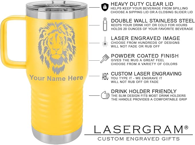 LaserGram 20oz Vacuum Insulated Travel Mug with Handle, Tiki Statue, Personalized Engraving Included (Yellow)