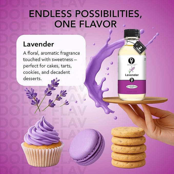 Dolce Flav Natural Lavender Extract – 8 Ounce Oil-Soluble Kosher, Sugar-Free, Concentrated Floral Lavender Flavoring for Baking, Chocolates & Desserts