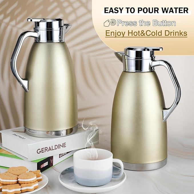 Tioncy 2 Pcs Thermal Coffee 78oz Insulated Carafe Hot Water Dispenser Stainless Steel Carafe for Hot Liquid Coffee Tea Milk with 2 Brushes Keep 12 Hours Hot 24 Hours Cold(Gold)