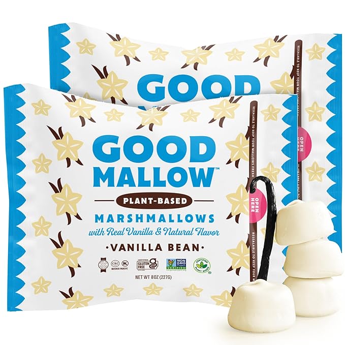 GoodMallow Vegan Marshmallows - Large Kosher Halal Gluten Free Dairy Free Healthy- Natural Gelatin Free Marshmallows for Hot Chocolate, Smores, Baking - Nothing Artificial, Made in USA (White Vanilla ) (Pack of 2)