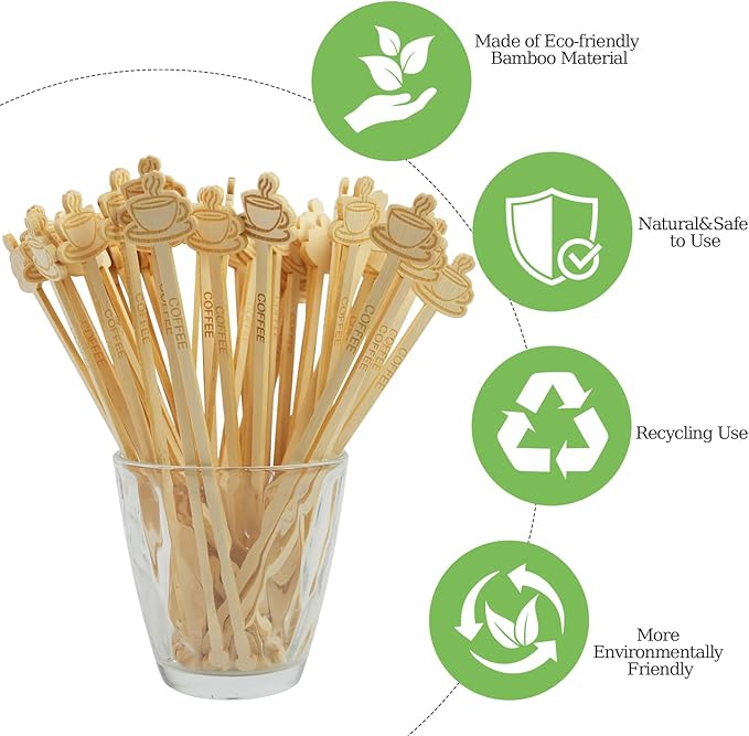 Bamboo Coffee Stirrers 60-Pack Coffee Stir Sticks Disposable 7Inch Beverage Mixer Coffee Shape Ends Eco-Friendly Biodegradable Cafés Stirring Sticks for Coffee Cocktails Milk & Hot Drinks