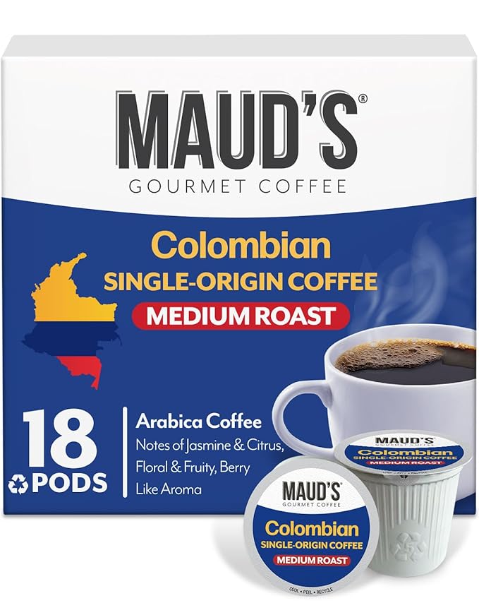 Maud's Colombian Coffee Pods, 18 ct, Single Origin, Medium Roast Coffee in Recyclable Single Serve Pods – 100% Arabica Coffee, Compatible with Keurig K Cups Maker
