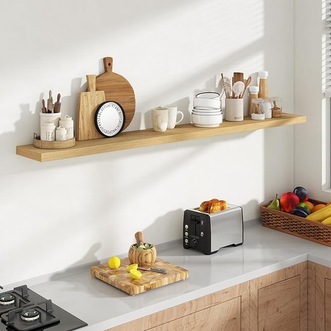 72 Inch Floating Shelves, 8 Inch Deep Floating Shelves for Wall, Hanging Shelf with Invisible Brackets, Deep Shelves for Bathroom, Bedroom, Living Room, Oak, Set of 1
