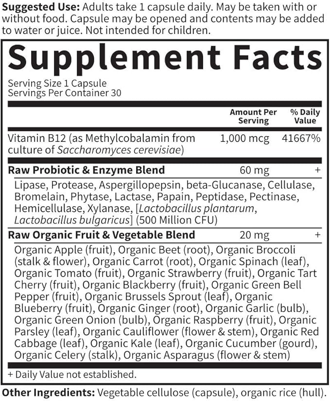 Garden of Life Vitamin Code Raw B-12-30 Capsules, 1,000mcg Whole Food B12 Methylcobalamin for Energy, Vegan Methylcobalamin Vitamin Plus Probiotics and Enzymes, Gluten Free Supplements