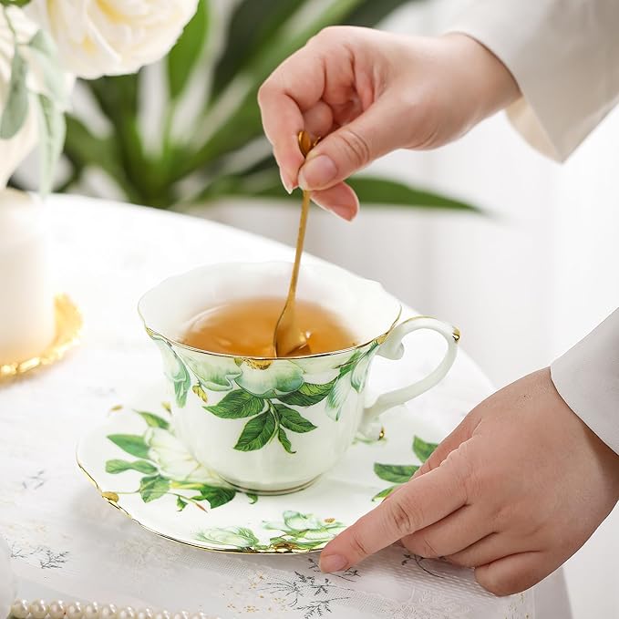 TATSUMI Country Roses 18 Peices Bone China Tea Cup And Saucer Set, English Vintage Tea Cups Of 6 For Women And Tea Party Sets(Green, 6 sets)
