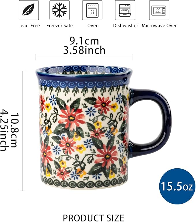 Ceramic Latte Mug Set of 4, 15.5oz Hand Painted Porcelain Coffee Cups With Handle for Tea/Milk/Cocoa - Modern Retro Design For Any Kitchen. Microwave and Dishwash Safe (Exotic Daisy)