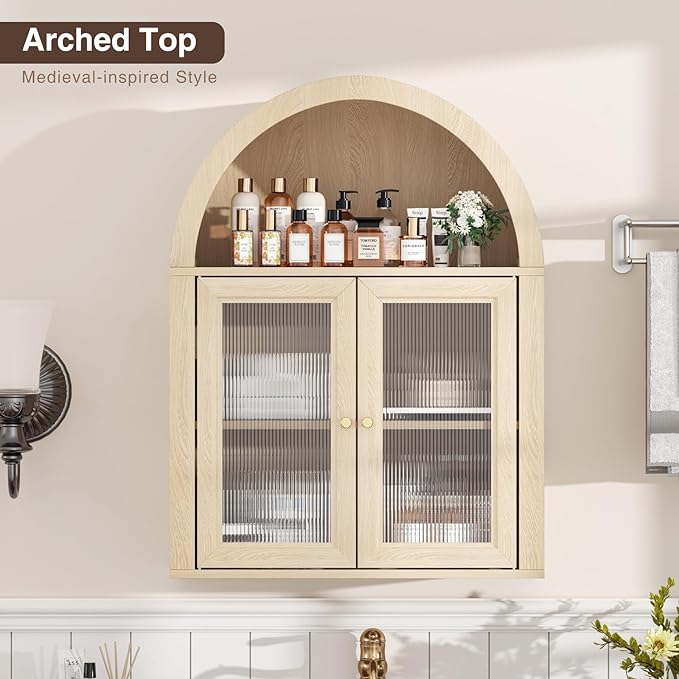 Arched Bathroom Cabinet, Wall Mounted Bathroom Cabinet with Tempered Glass Doors and Adjustable Shelf, for Kitchen, Living Room, Laundry Room, Restroom, Oak