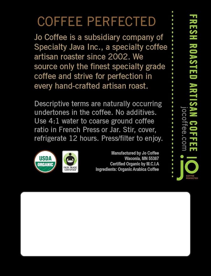 STONE COLD JO: 12 oz, Cold Brew Coffee Blend, Dark Roast, Coarse Ground Organic Coffee, Silky Smooth Low Acidity, Certified Organic, Fair Trade Certified, Great French Press Hot Brew by Jo Coffee®