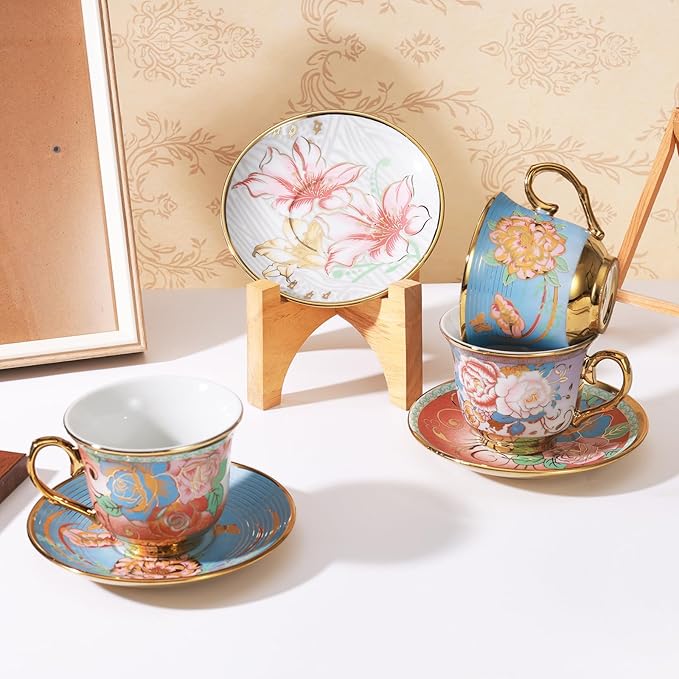 Tea Cups and Saucers, Tea Cup Set of 6, 8 OZ Floral Cups Porcelain Cup Set for Cappuccino, Coffee, Afternoon Tea Birthday Party Supply Christmas gift