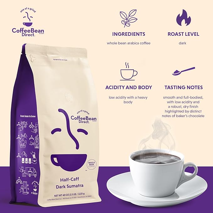 Coffee Bean Direct Half-Caff Dark Sumatra, Whole Bean Coffee, Dark Roast, 2.5 Pound Bag (Pack of 1)