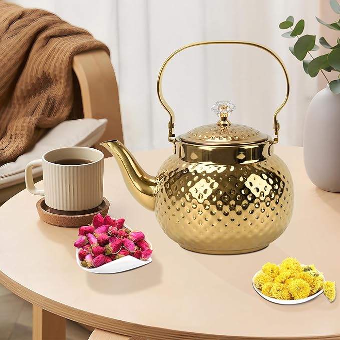 2L Hammered Tea Kettle, Stainless Steel Tea/Coffee Pot Loose Leaf Teapot for Tea, Milk, Coffee, 2L Teapot with Strainer Stovetop Tea Kettle, Outdoor Travel Supplies, Gift For Tea (Gold 2L)