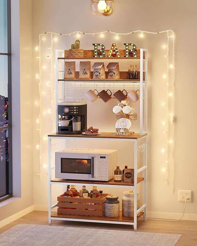VASAGLE Bakers Rack with Power Outlet, Microwave Stand, Kitchen Tall Utility Storage Shelf, with Metal Wire Panel, 14 Hooks, 15.7 x 31.5 x 66.9 Inches, Rustic Walnut and Cloud White UKKS025W41