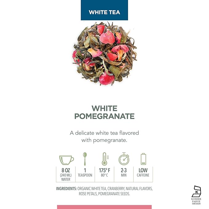 Teabloom White Pomegranate Loose Leaf Tea, Distinctive and Delicate White Tea, Certified Kosher, Fresh Whole Leaf Tea in Reusable Gift Canister, 2.82 oz/80 g Canister Makes 35-50 Cups