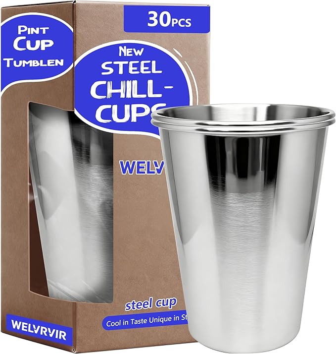 20oz 30PCS Stainless Steel Pint Cup,Pint Tumbler,Reusable metal Cups,Stainless Steel Water Tumbler,BPA Free,Stackble,Durable,Unbreakable Metal Drinking Glasses for Bar,Banquet Mugs (30, 20OZ)