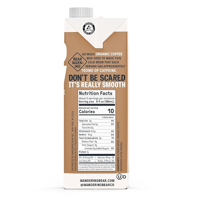 Wandering Bear Straight Black Organic Cold Brew Coffee - Extra Strong, Bold, Smooth, Unsweetened, Shelf-Stable, Ready to Drink, 100% Organic Iced Cold Brewed Coffee Drink - 32 fl oz, 6 pack