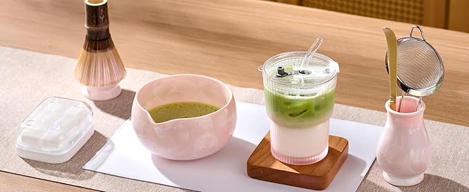 Matcha Whisk Set – Crystalline Glaze Bowl, Bamboo Whisk & Holder, Scoop & Sifter with Holder, Cup with Lid & Straw, Ice Cube Tray & Tea Towel – Pink Matcha Gift Set for Women, Christmas Gifts