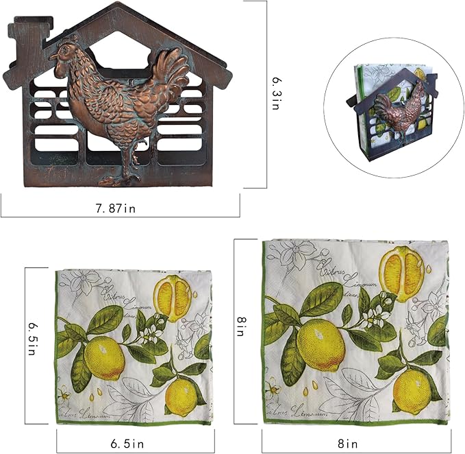 Metal Napkin Holder for Table, Metal Rooster Statue Decor Paper Napkin Holder, Antique Copper Napkin Dispenser with Non-Slip, Napkin Stand Tabletop Gift for Kitchen Dining Room Coffee Shop Bar