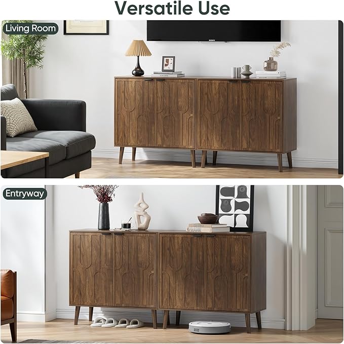 Walnut Buffet Cabinet, Sideboard Cabinet with Storage Fluted Doors, Farmhouse Coffee Bar Table for Kitchen, Living Room, Entryway