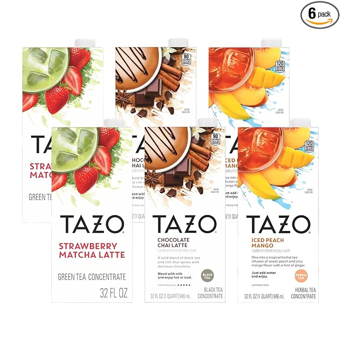 TAZO Tea Concentrate, Chocolate Chai Latte, Strawberry Matcha Latte, Iced Peach Mango 32 Fl Oz (2ea) (Variety Pack)