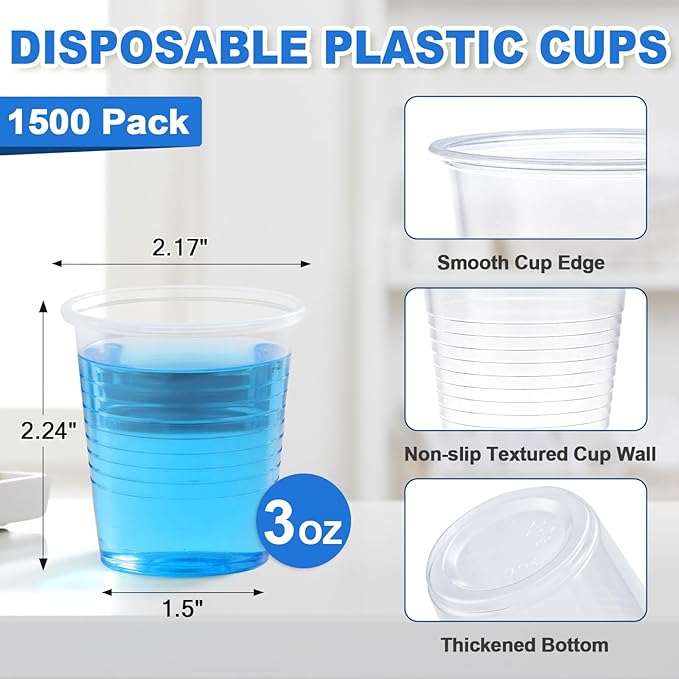 SIUQ 1500 Pack 3 oz Clear Plastic Cups, Disposable Bathroom Mouthwash Cups, Small Plastic Drinking Cup for Ice Tea, Tasting, Party, Picnic, BBQ, Travel and Event
