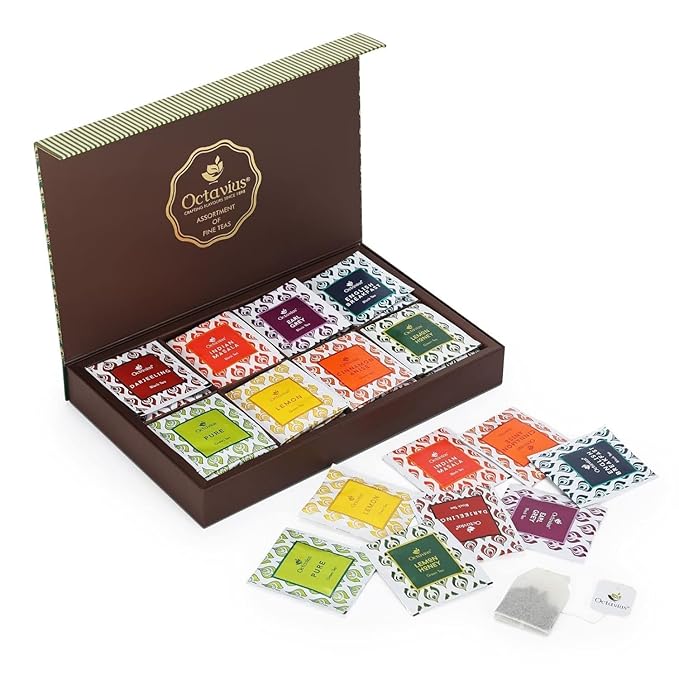 Octavius Tea Sampler Pack | 8 Assorted Black & Green Teas | 48 Premium Tea Bags | Variety Pack of Healthy Flavored Teas - Pack of 4