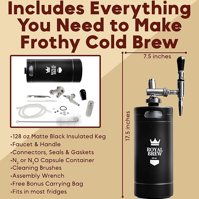 The Original Royal Brew Nitro Cold Brew Coffee Maker - Gift for Coffee Lovers -128 oz Extra Large Home Keg, Nitrogen Gas System Coffee Dispenser Kit - Use Nitrogen or Nitrous Oxide