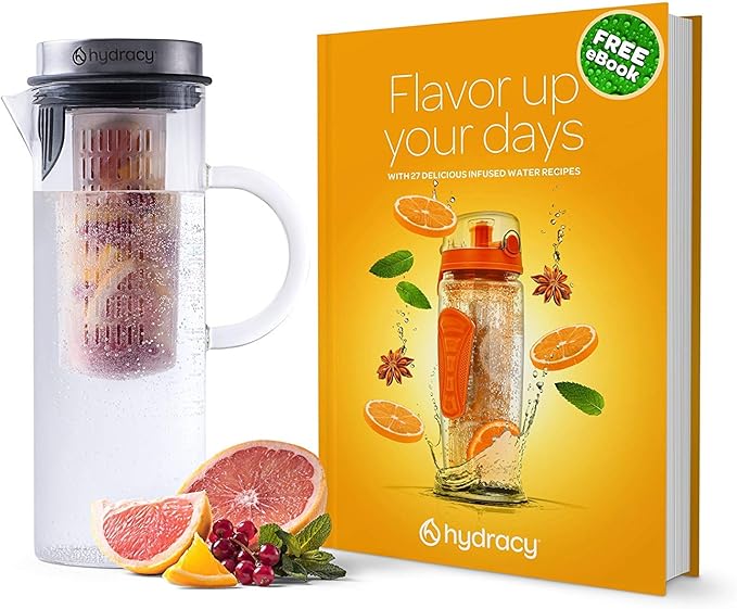 Hydracy Cold Brew Coffee Maker - Large Glass Infusion Pitcher 1.6 Quarts 52oz - Iced Coffee & Iced Tea Pitcher with Stainless Steel Lid & Fruit Infusion Tube - Perfect for Home or Office
