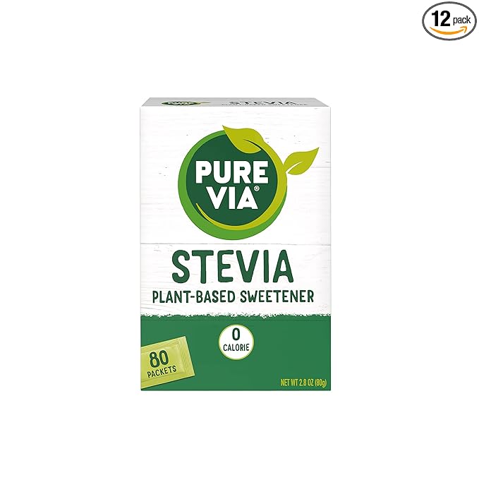 PURE VIA Stevia Sweetener Packets, Sugar Substitute, Natural Sweetener, Erythritol Free, Zero Calorie Natural Sweetener Packets, 80-Count (Pack of 12)