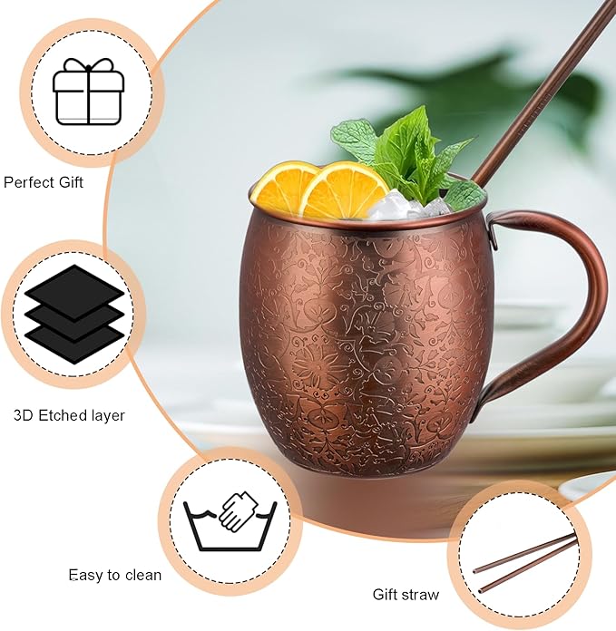 Moscow Mule MugsSet of 2-18 Oz Copper-Plated Fine Craftsmanship Etched Mugs,304 Stainless Steel-Lined Mule Cups,For Cold Drinks, Beer, Wine, Bars, Parties