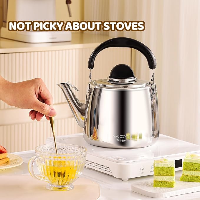 Tea Kettle, 18/8 Stainless Steel Whistling Teapot, 6.34 Quart, Fast Boiling, Anti-Hot Wood Handle (6L,Silver)