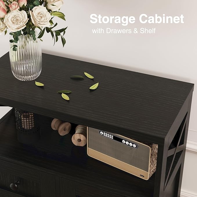 Black Storage Cabinet with Drawers and Shelves, Freestanding Black Kitchen Pantry, Floor Storage Cabinet Hutch Cupboard for Dining, Living Room, Home Office