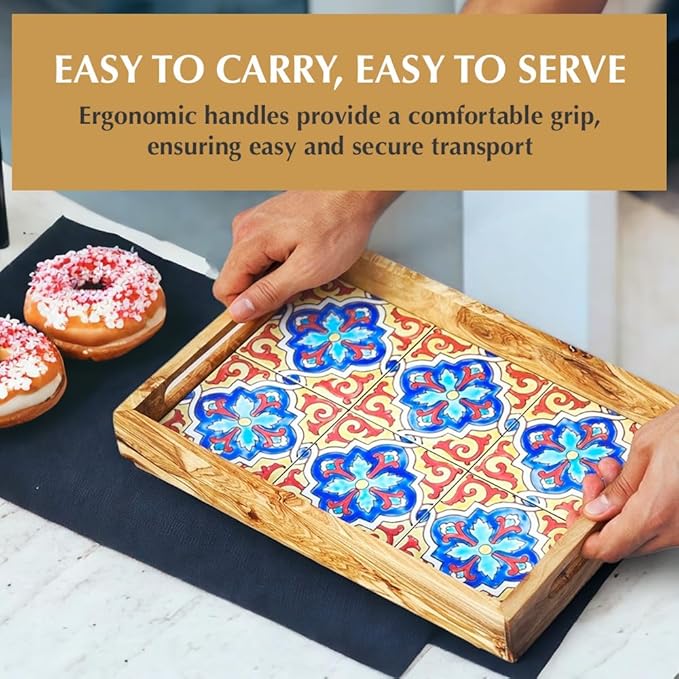 Kamsah Olive Wood Serving Tray with Handles (L:13”, W:9”) Decorative Rectangle Serving Trays for Serving Food, Drinks, Tea, Coffee - Rustic Vintage Wooden Serving Tray for Table & Gifts - Alhambra