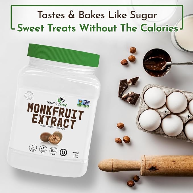 Morning Pep 100% Pure Monk Fruit extract sweetener, No Erythritol, Monkfruit Extract Powder, NON-GMO Project Verified, Keto Certified, OU kosher, No Fillers Zero Calories | Over 450 Servings | 5 oz