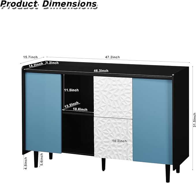 47" Modern Sideboard Buffet Cabinet, Black Accent Storage Cabinet with Blue Door & 2 Push-to-Open Drawers, Console Table for Dining Room, Living Room, Entryway, Office