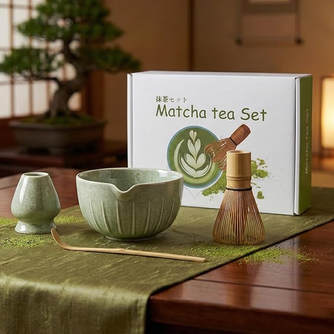 Matcha Tea Set – Japanese Tea Ceremony Set with 17 oz Handcrafted Matcha Bowl, Bamboo Whisk, Holder & Spout – 4 Pcs Gift Set for Matcha Lovers