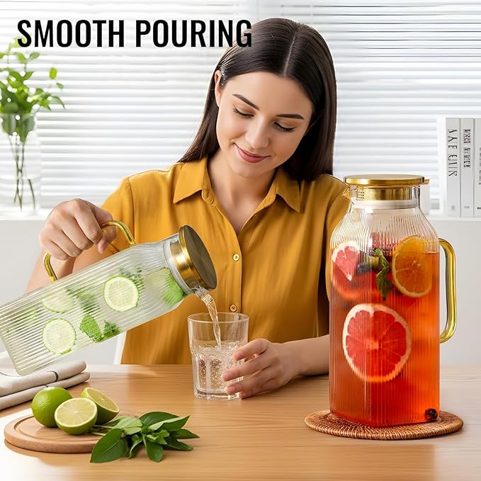 4 Pack 2 Liter/68 oz Square Glass Pitcher with Lid, Classic Stripes Water Pitchers with Handle for Fridge, Large Jug for Iced Tea, Coffee, Borosilicate Glass Carafe for Hot/Cold Brew Drink, Gold