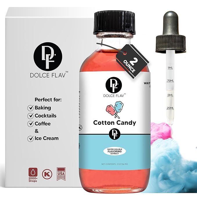 Dolce Flav Cotton Candy Extract 2 oz – Kosher, Sugar-Free, Concentrated Carnival-Style Flavoring for Baking, Frostings & Drinks, Includes Measured Dropper