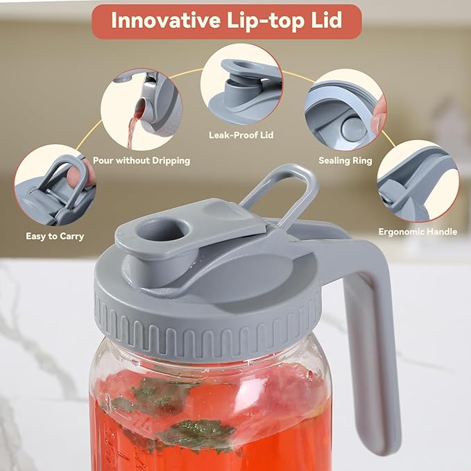 Novelinks 32OZ Glass Pitcher with Lid, Wide Mouth Mason Jar Pitcher, Leak-proof Water Jug for Juice, Milk,iced Coffee Lemonade Tea,1 Pack