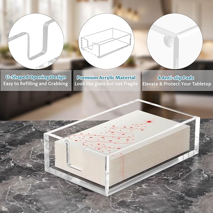 Onemake Acrylic Napkin Holder, Clear Bathroom Napkins Guest Disposable Paper Towel Holder, 0.32 Inch Thickness Clear Bathroom Paper Hand Towels Storage Tray for Bathroom, Kitchen, Parties, Weddings